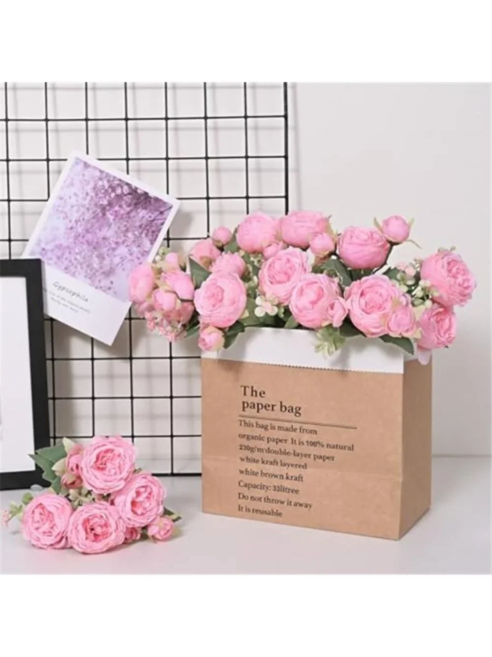 Artificial Peony Flowers Faux Silk Bouquet Pink Floral Home Wedding Decor Set
